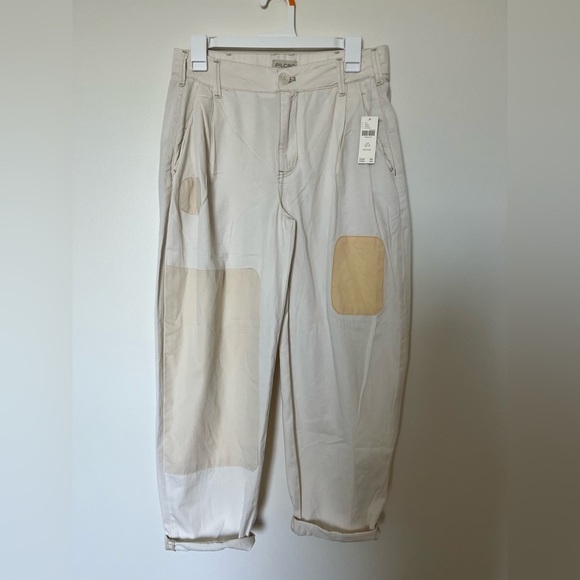Anthropologie Pilcro Rolled Hem Utility Beige Patch Chinos Barrel Pants - Picture 6 of 13